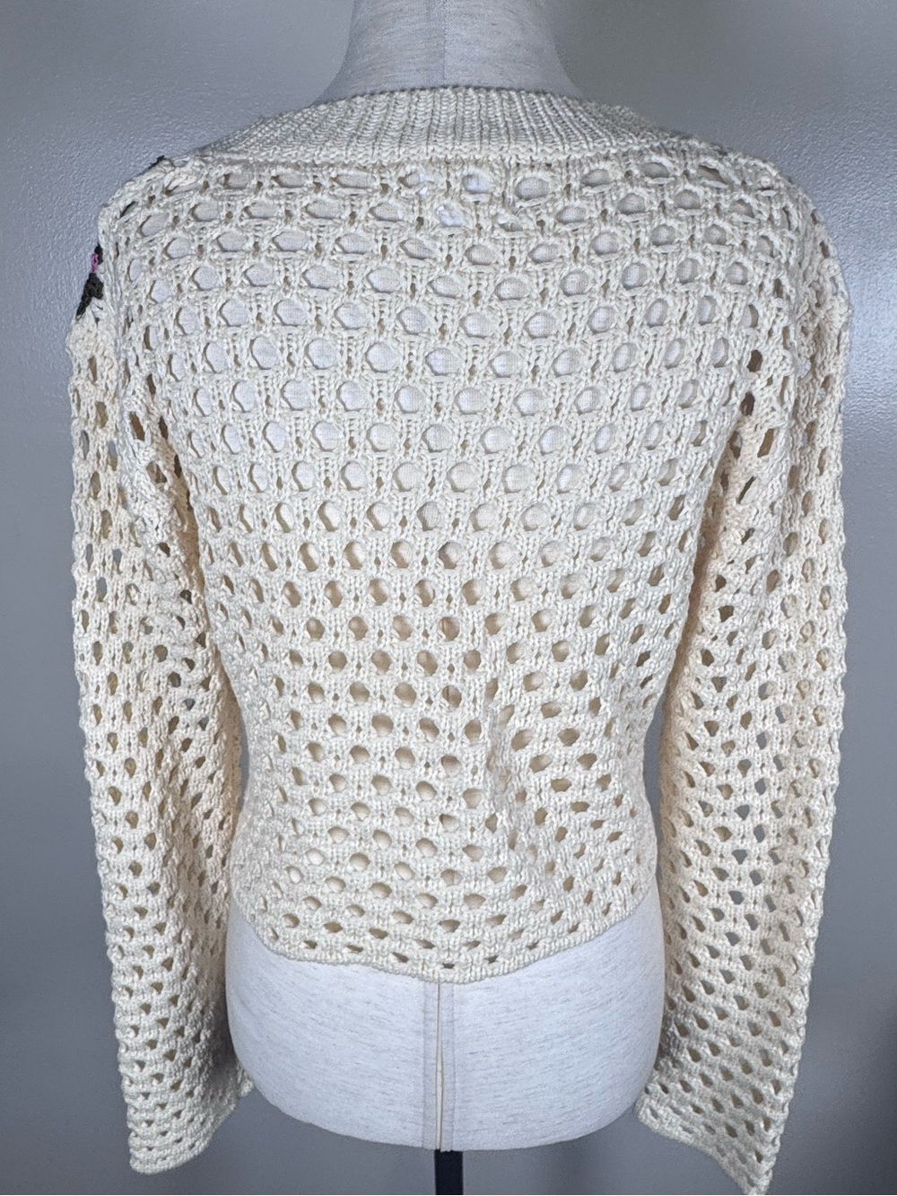 Luna Ivy Anthropologie Sz S Cream Granny Square Cropped Pullover Boho Sweater - Picture 6 of 11